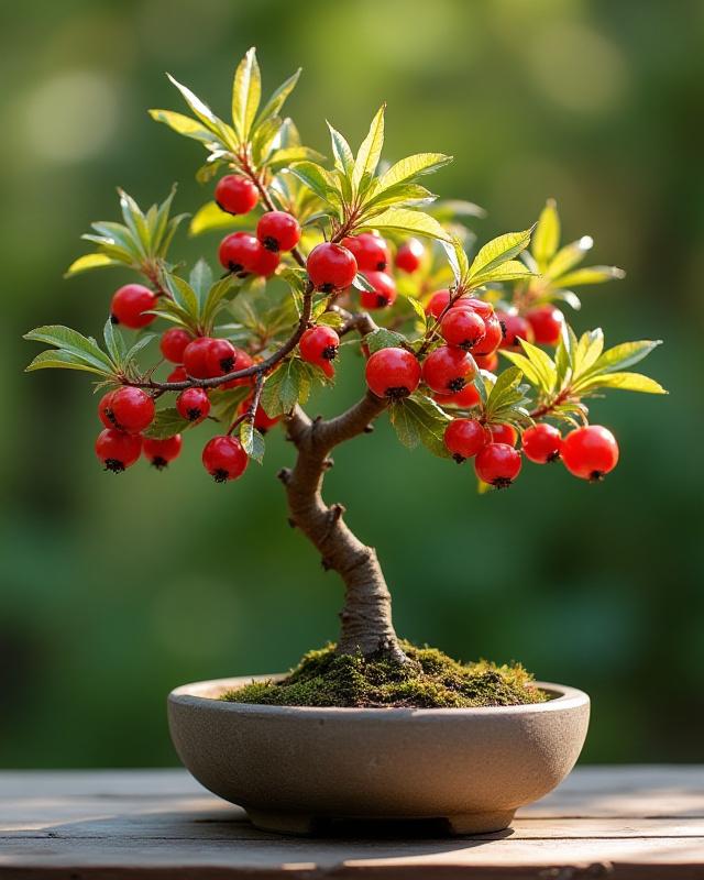小さな赤い実をつけたカイドウの盆栽