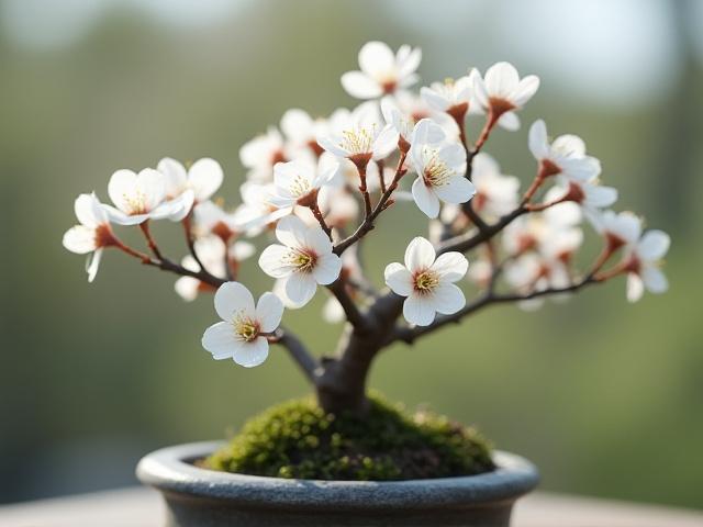 満開の白い花をつけた梅の盆栽