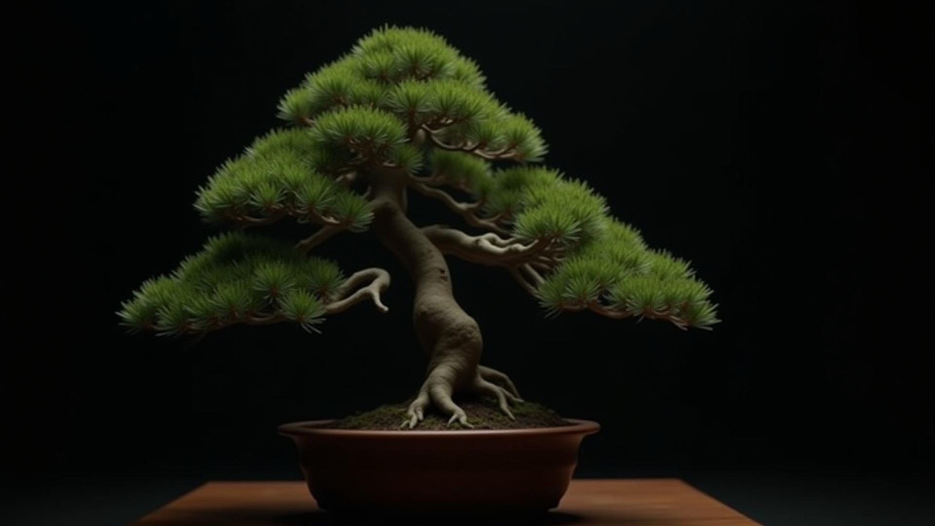 美術館のように展示された最高級の五葉松盆栽のクローズアップ