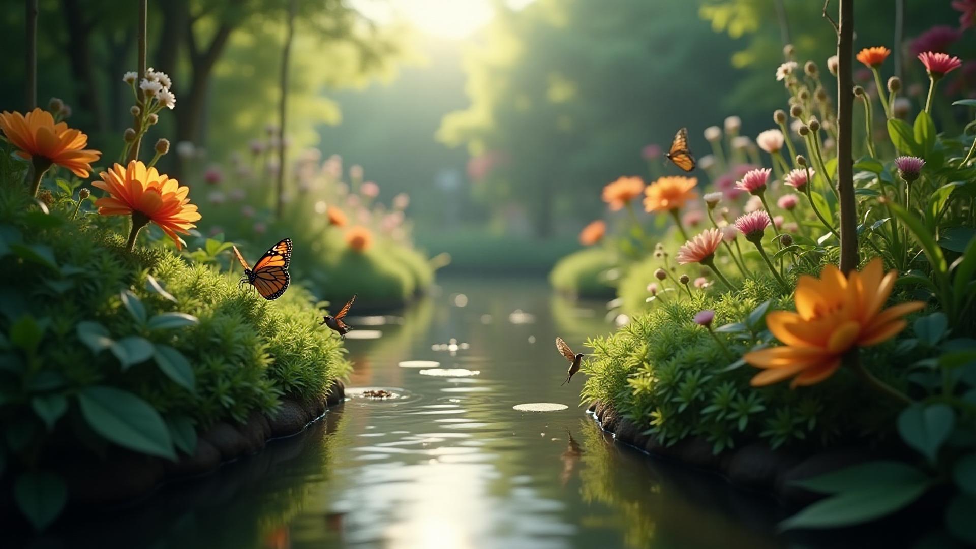 蝶や鳥が集まる緑豊かなバイオトープ。持続可能な未来への風景。