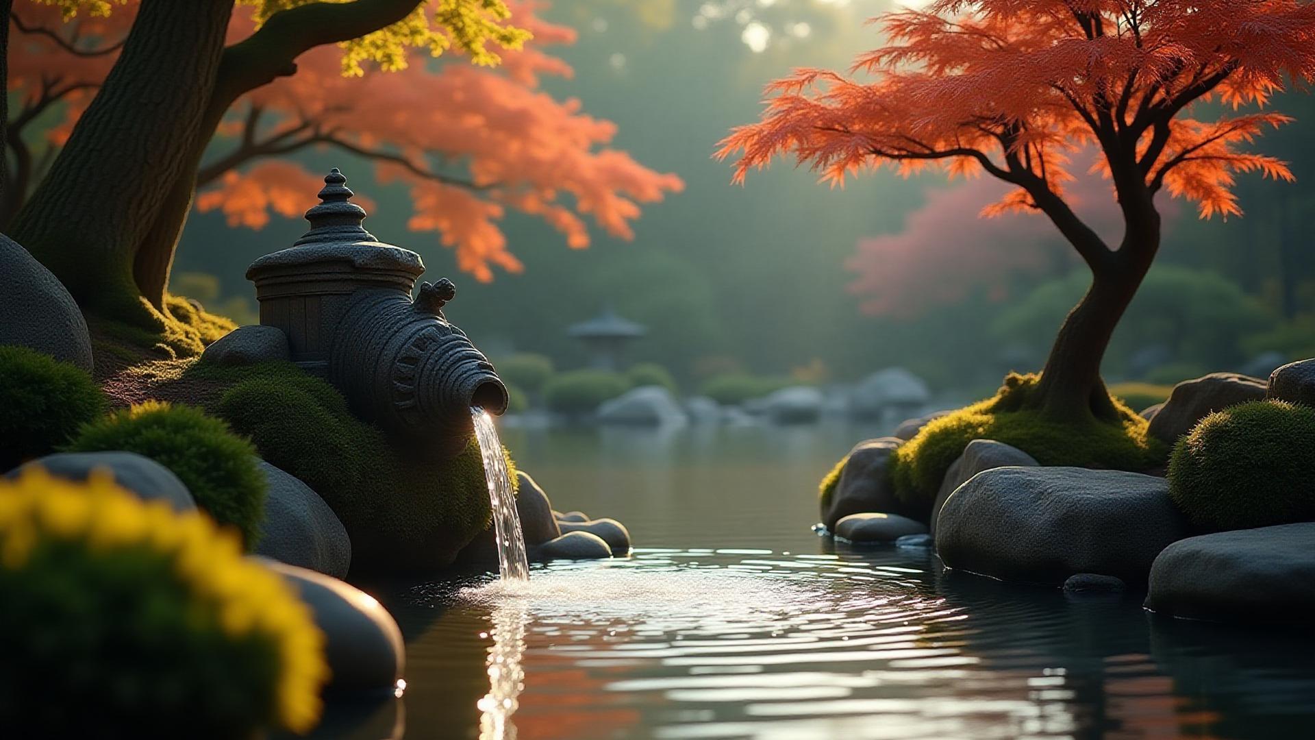 水辺の落ち着いた日本庭園