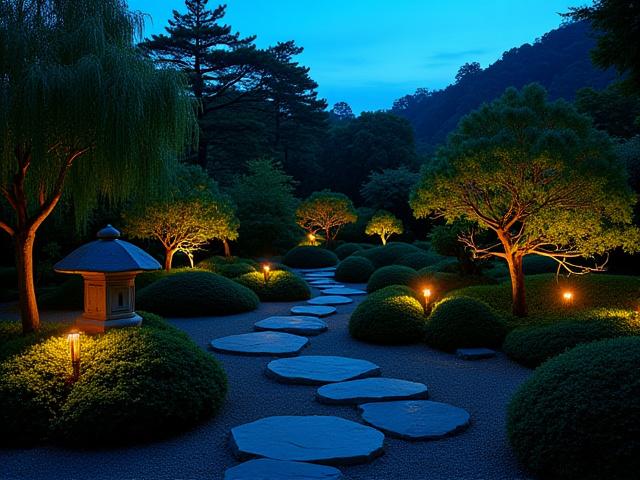 夜間ライトアップされた庭園