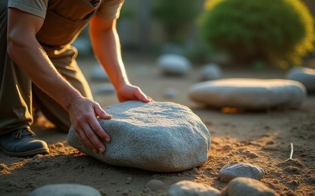 庭師による石の配置作業