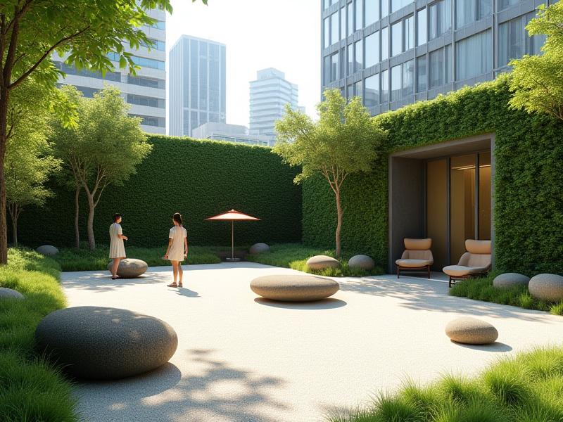 新橋ビジネスセンター屋上庭園のアフター写真：枯山水と壁面緑化が融合したスマート禅ガーデン