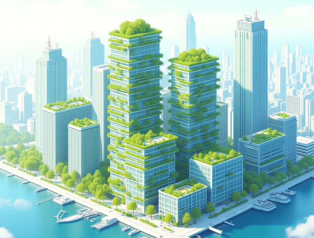 建物を中心に緑化のメリットを示すインフォグラフィック