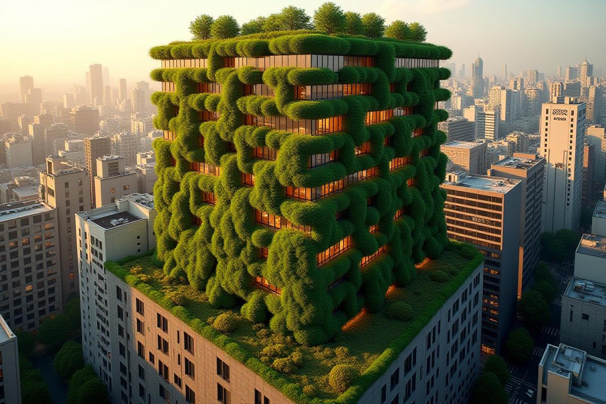 屋上と壁面が緑化されたオフィスビルの外観