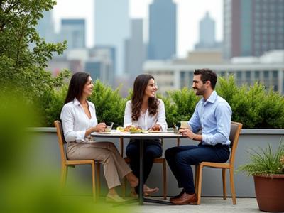 社員が屋上庭園でランチを楽しむ様子