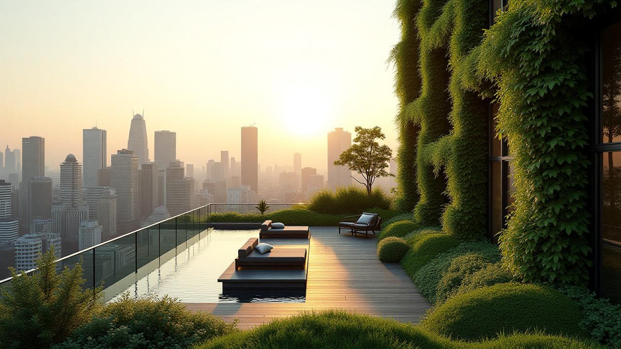 屋上庭園と壁面緑化が美しい都市のビル