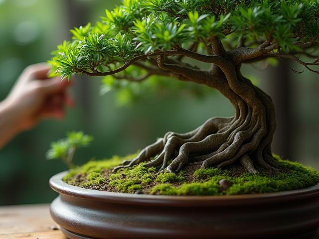 数百年の歴史を持つ見事な盆栽のクローズアップ