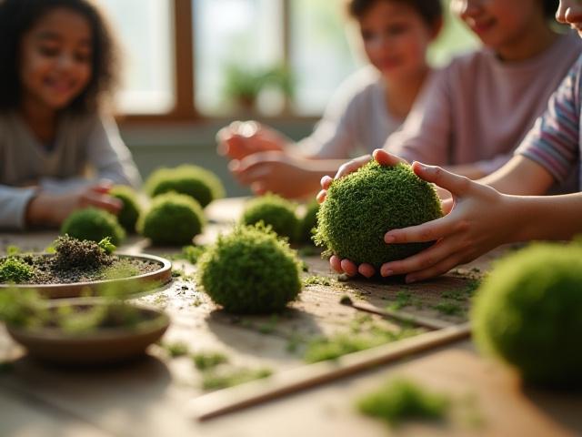 ワークショップで熱心に苔玉作りに取り組む参加者たち