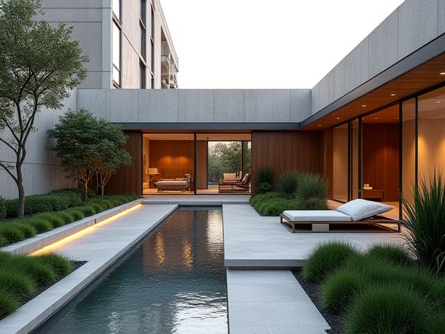 都市型住宅の屋上にある、ミニマリストな現代庭園