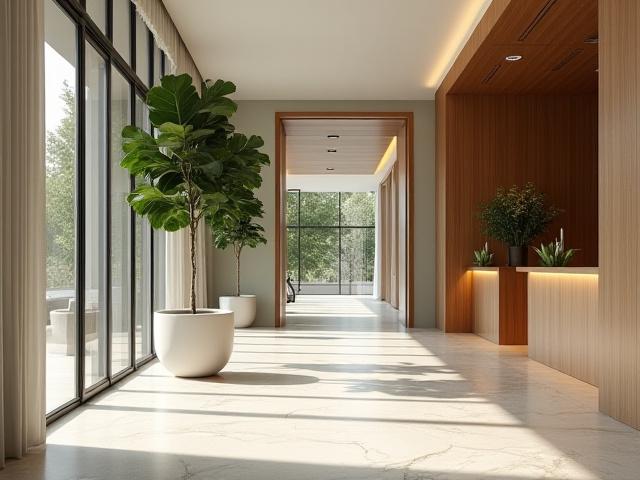 モダンなオフィス空間に置かれた、スタイリッシュな大型観葉植物