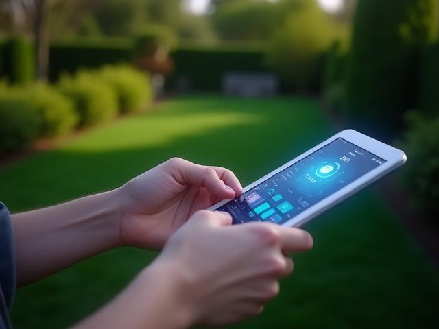 スマートフォンアプリで庭園の水やりスケジュールを調整する様子