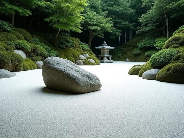 枯山水庭園の、砂紋と石の配置が美しい全景