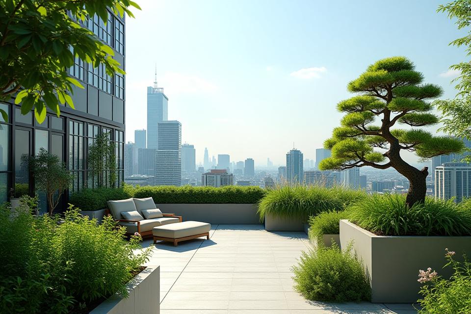 新橋タワーマンションのルーフバルコニーに設えられた昼間のスマートガーデン