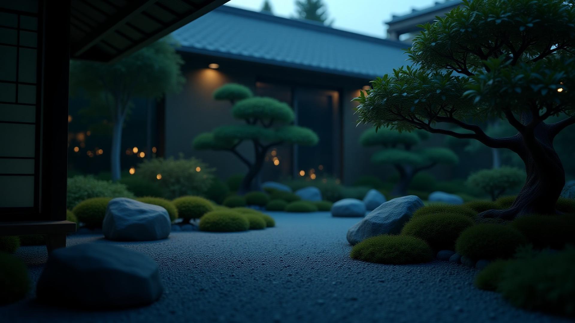 伝統的な日本庭園と現代技術が融合したスマートガーデンの俯瞰パース