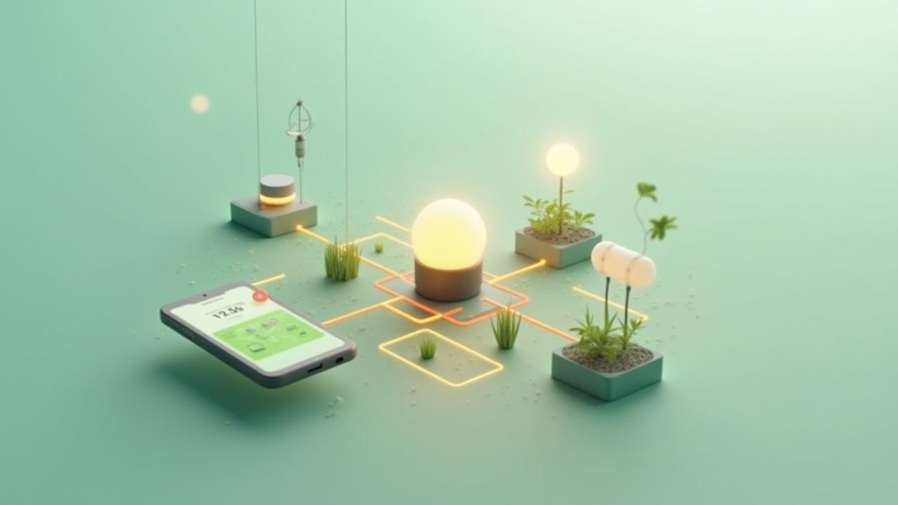 スマートガーデンシステムの構成図と各デバイスの連携を示すインフォグラフィック