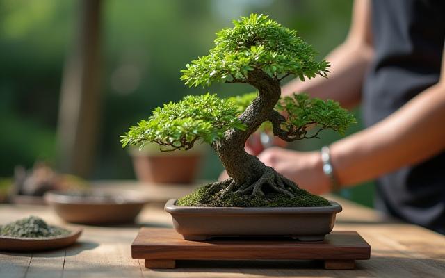 丁寧に手入れされたミニ盆栽