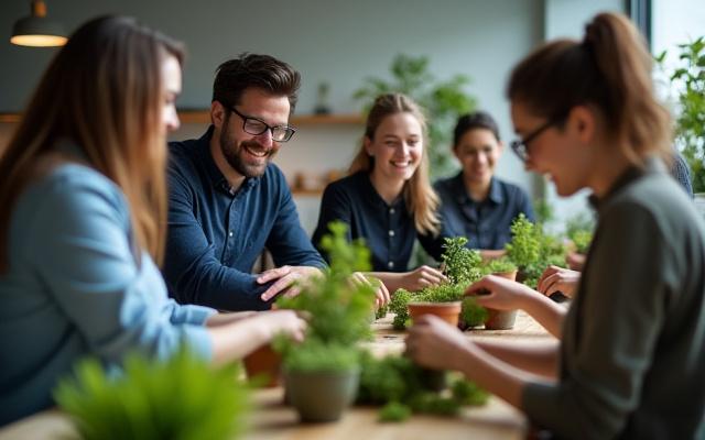 企業研修で植物を使ったアクティビティを行う社員たち