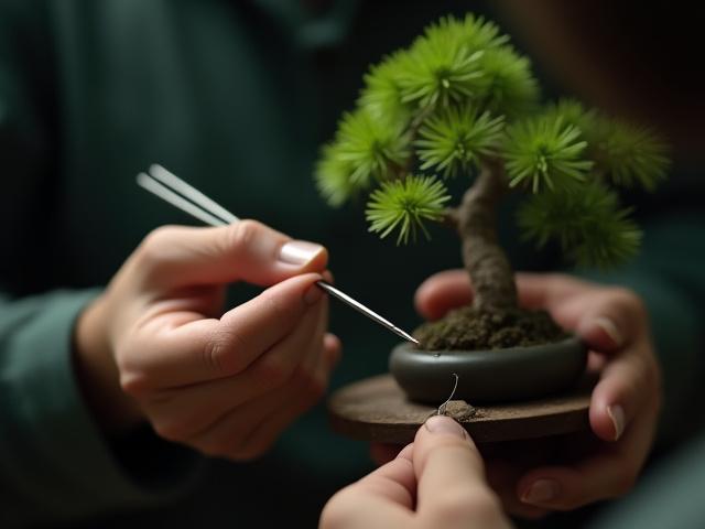 参加者が真剣な表情で盆栽に針金かけをしている手元
