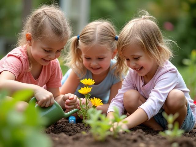 子供たちが楽しそうに庭で植物の手入れをしている様子