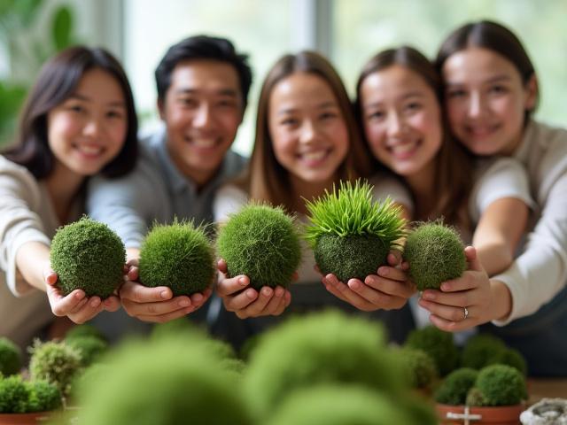 完成したばかりの多様な苔玉を笑顔で持つ参加者たちの集合写真