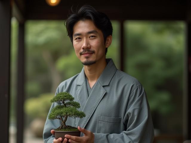 若き盆栽師、田中健介のポートレート