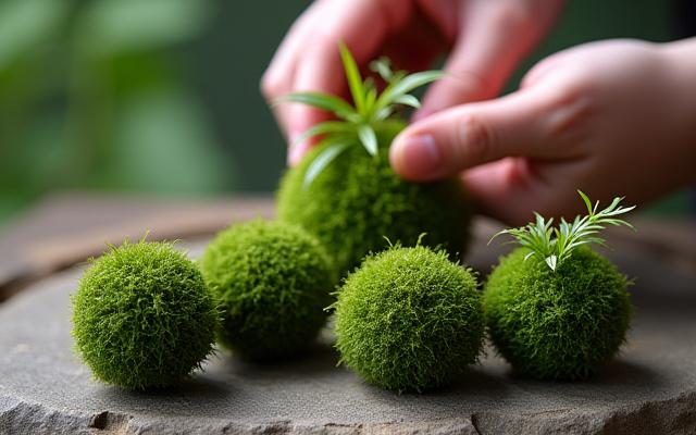 可愛らしい苔玉が複数並べられた様子